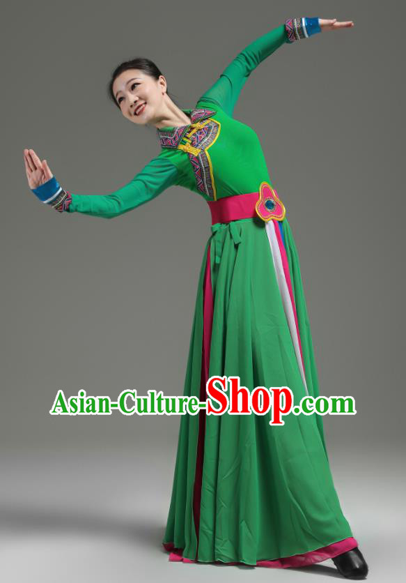 Chinese Mongolian Minority Green Dress Outfits Mongol Nationality Dance Clothing Ethnic Performance Costume Woman Dance Garments
