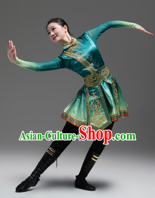 Chinese Ethnic Folk Dance Costume Woman Performance Garments Mongolian Minority Green Dress Outfits Mongol Nationality Clothing