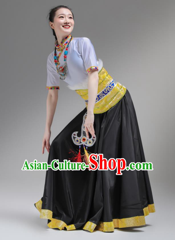 Chinese Zang Nationality Clothing Folk Dance Costume Ethnic Woman Garments Tibetan Minority Performance Black Dress Outfits