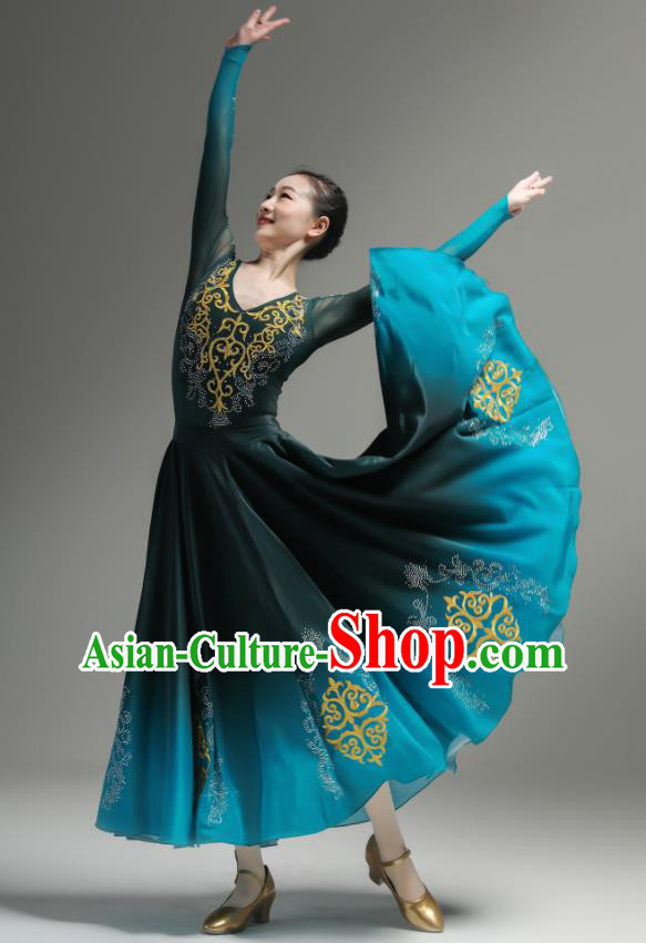 Chinese Uyghur Minority Performance Atrovirens Dress Outfits Uighur Nationality Dance Clothing Xinjiang Dance Costumes Ethnic Woman Garments