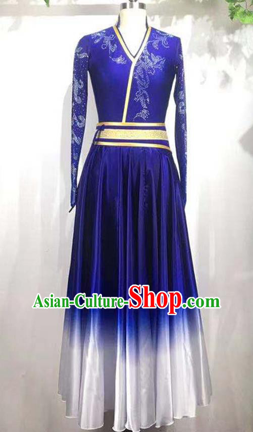 Chinese Mongolian Nationality Dance Clothing Stage Performance Garment Costumes Ethnic Woman Dance Outfits Mongol Minority Performance Blue Dress