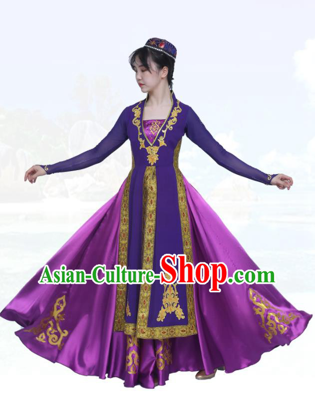 Chinese Stage Performance Garment Costumes Xinjiang Ethnic Woman Dance Outfits Uighur Minority Purple Dress Uyghur Nationality Dance Clothing