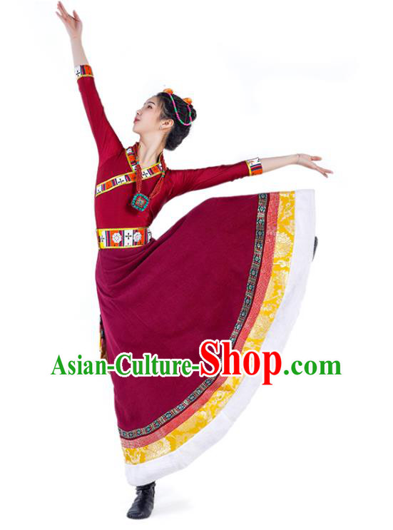 Chinese Zang Nationality Dance Clothing Stage Performance Garment Costumes Tibetan Minority Wine Red Dress Ethnic Woman Dance Outfits