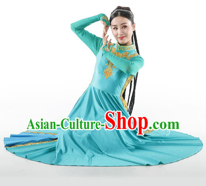 Chinese Ethnic Woman Dance Outfits Uyghur Nationality Dance Clothing Xinjiang Stage Performance Garment Costumes Uighur Minority Blue Dress