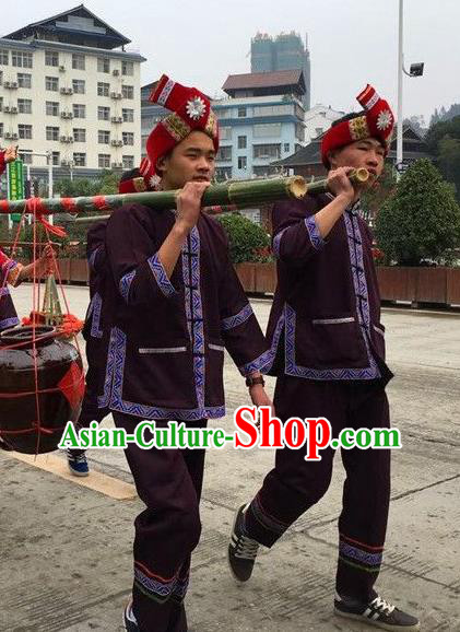 China Tujia Minority Dance Costumes Yi Nationality Male Dance Clothing Xiangxi Ethnic Stage Performance Wine Red Suits