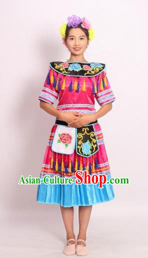 Chinese Ethnic Woman Outfits Yao Nationality Clothing Hmong Festival Dance Garments Dong Minority Folk Dance Rosy Dress