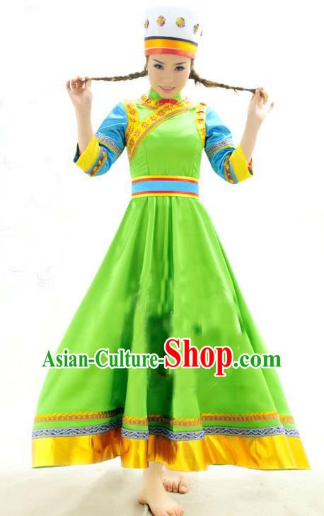 Chinese Daur Nationality Clothing Daghur Festival Dance Garments Inner Mongolia Minority Folk Dance Green Dress Ethnic Woman Outfits