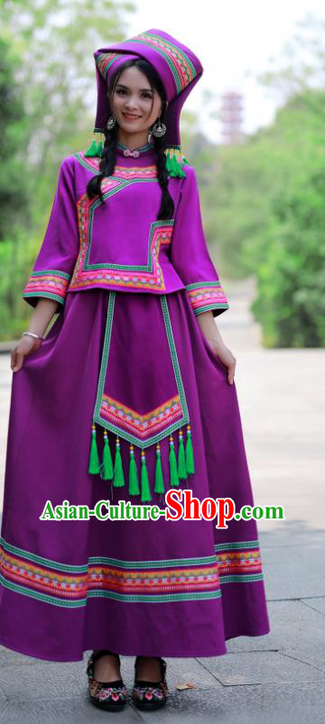 Chinese Zhuang Nationality Woman Clothing Guangxi Festival Dance Garments Minority Folk Dance Purple Dress Ethnic Performance Outfits