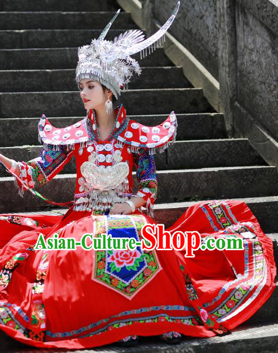 Chinese Xiangxi Ethnic Festival Outfits Miao Nationality Wedding Bride Clothing Hmong Minority Stage Performance Red Dress