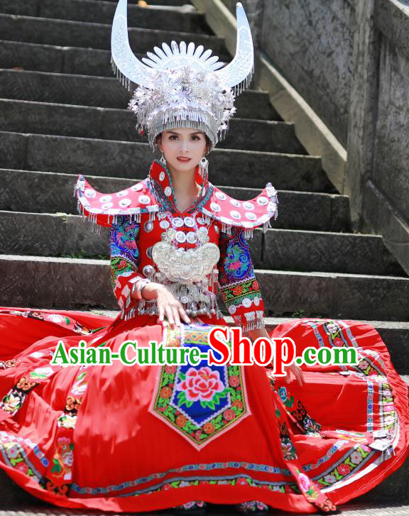 Chinese Xiangxi Ethnic Festival Outfits Miao Nationality Wedding Bride Clothing Hmong Minority Stage Performance Red Dress