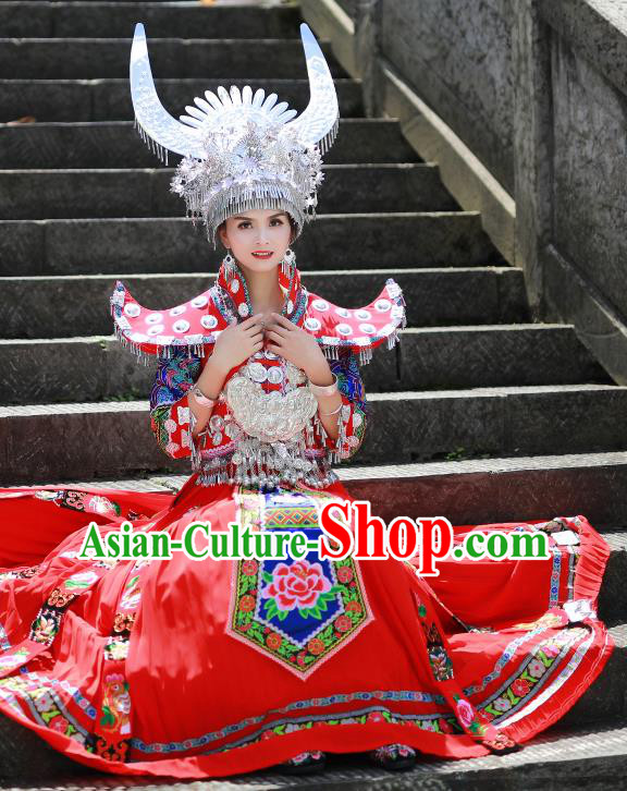 Chinese Xiangxi Ethnic Festival Outfits Miao Nationality Wedding Bride Clothing Hmong Minority Stage Performance Red Dress