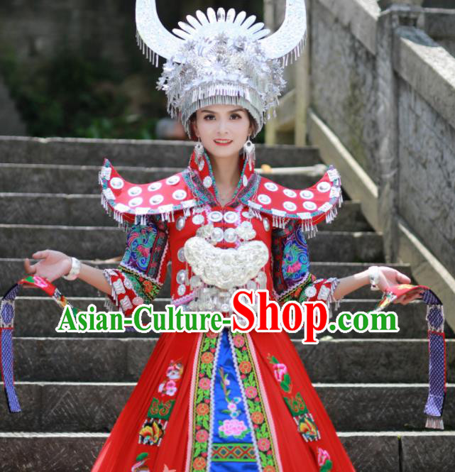 Chinese Xiangxi Ethnic Festival Outfits Miao Nationality Wedding Bride Clothing Hmong Minority Stage Performance Red Dress