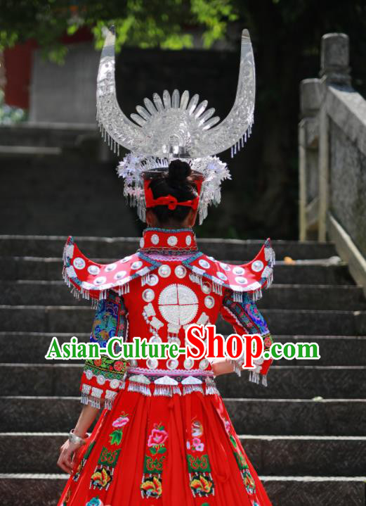 Chinese Xiangxi Ethnic Festival Outfits Miao Nationality Wedding Bride Clothing Hmong Minority Stage Performance Red Dress