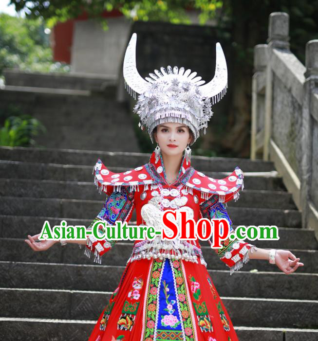 Chinese Xiangxi Ethnic Festival Outfits Miao Nationality Wedding Bride Clothing Hmong Minority Stage Performance Red Dress
