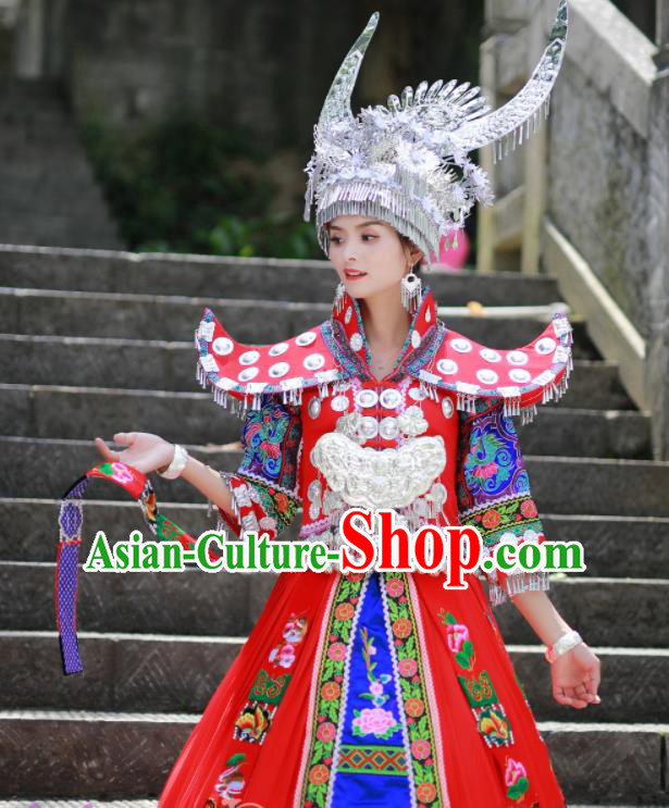 Chinese Xiangxi Ethnic Festival Outfits Miao Nationality Wedding Bride Clothing Hmong Minority Stage Performance Red Dress