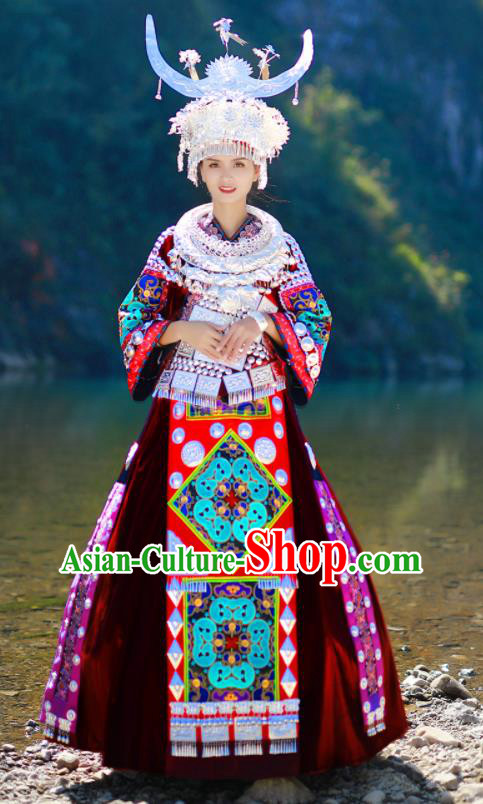 Chinese Festival Dance Garments Miao Minority Folk Dance Red Dress Guizhou Ethnic Performance Outfits Hmong Nationality Woman Clothing