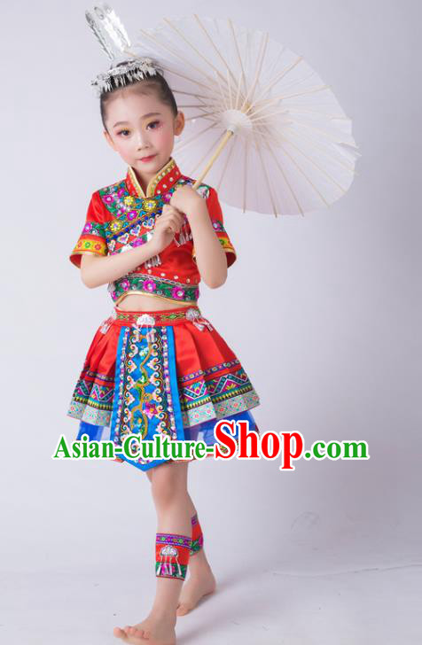 China Ethnic Children Performance Costumes Miao Minority Kids Dance Red Dress Uniforms Tujia Nationality Girl Apparels