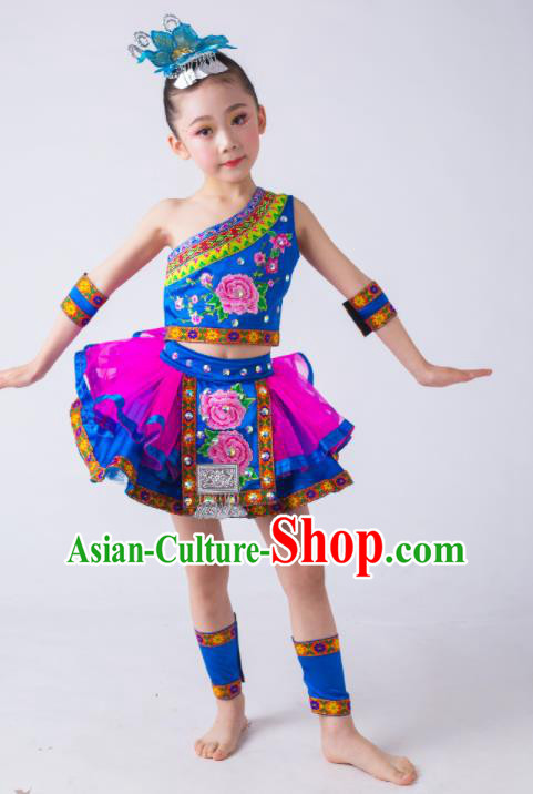 China Yi Nationality Girl Apparels Ethnic Children Performance Costumes She Minority Kids Dance Blue Dress Uniforms