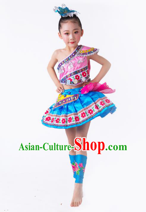 China She Minority Kids Dance Dress Uniforms Yi Nationality Girl Apparels Ethnic Children Performance Costumes