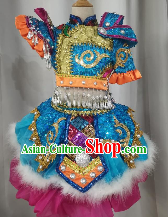 China Xiangxi Ethnic Children Performance Costumes Miao Minority Kids Dance Blue Dress Uniforms Pumi Nationality Girl Apparels