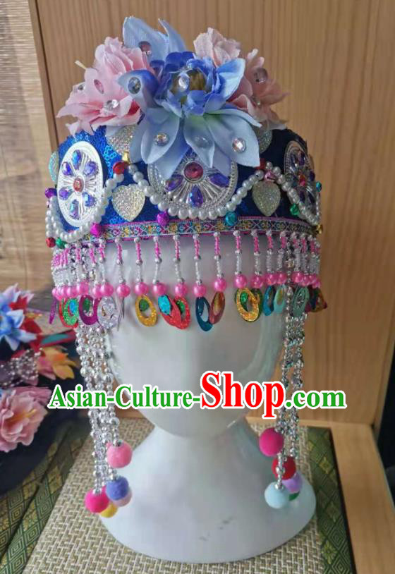 Chinese Nujiang Lisor Minority Girl Headdress Lisu Ethnic Folk Dance Blue Hat Pumi Nationality Children Headwear