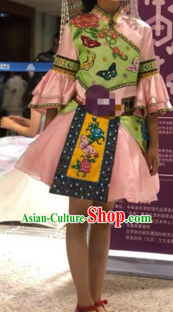China Qiang Minority Children Pink Dress Uniforms Yi Nationality Girl Performance Apparels Sichuan Ethnic Folk Dance Costumes