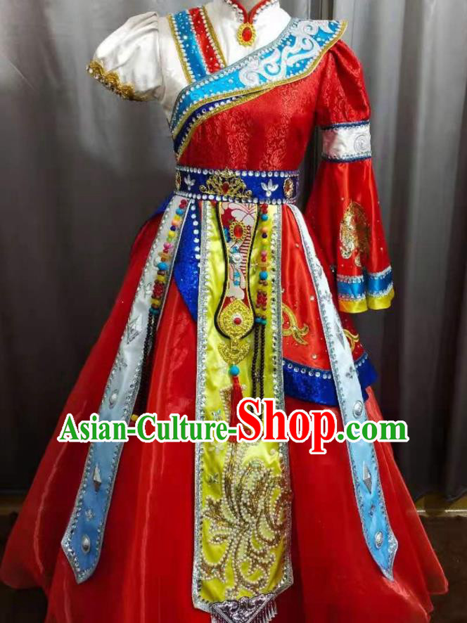 China Ethnic Girl Folk Dance Costumes Zang Minority Festival Red Dress Uniforms Tibetan Nationality Children Performance Apparels