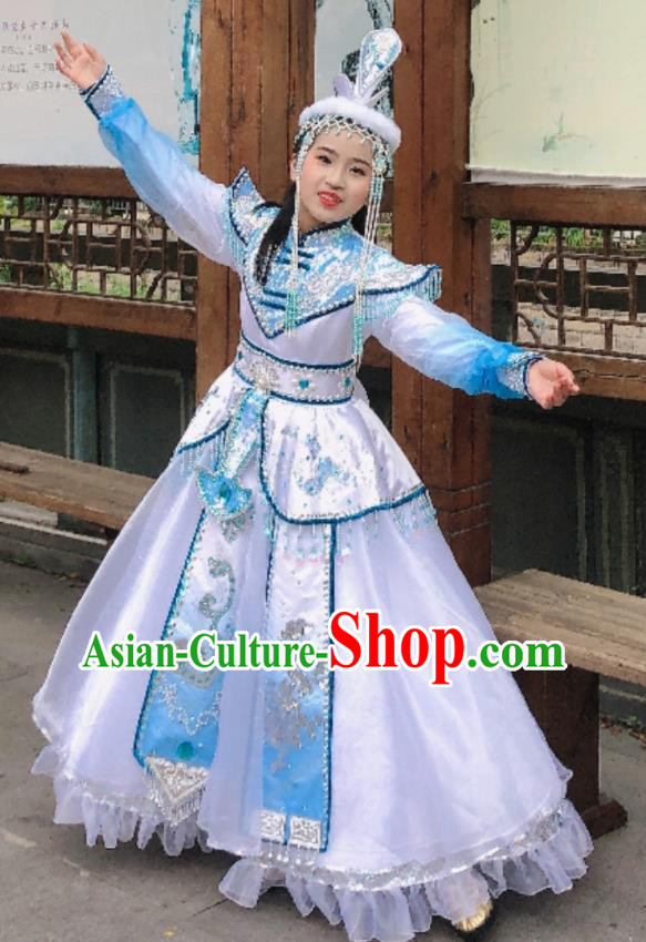 China Mongolian Nationality Children Performance Apparels Ethnic Girl Folk Dance Costumes Mongol Minority Festival White Dress Uniforms