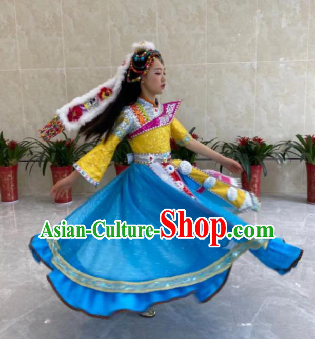 China Tibetan Nationality Children Performance Garments Xizang Ethnic Girl Folk Dance Blue Dress Zang Minority Festival Costumes