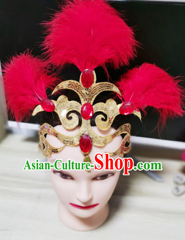Chinese Stage Performance Headdress Classical Dance Hair Accessories Opening Dance Hair Crown Woman Dance Red Feather Headpiece