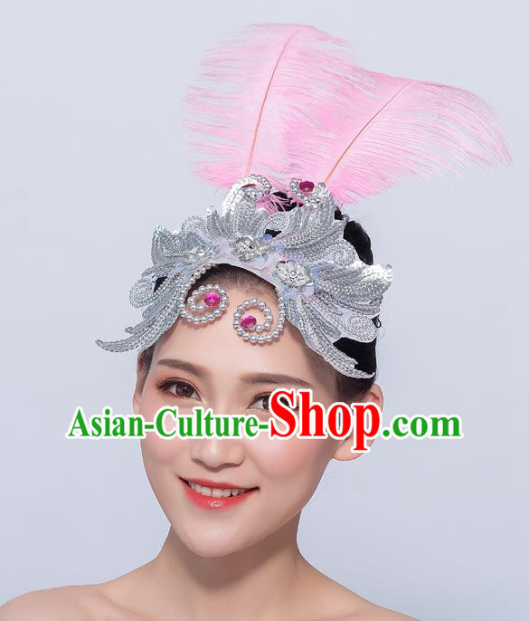 Professional Opening Dance Headdress Yangko Dance Headpiece Folk Dance Hair Accessories Fan Dance Pink Feather Hair Stick