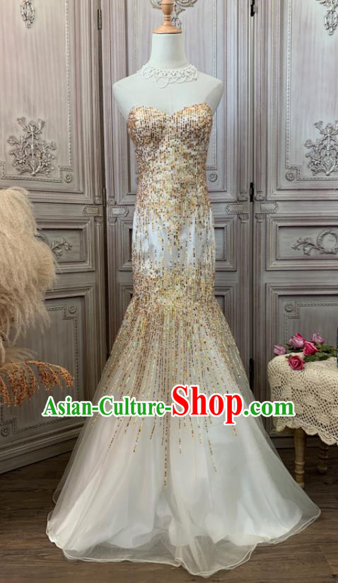 Top European Vintage Garment Costume Annual Meeting Formal Attire Wedding Beige Fishtail Full Dress Ballroom Dance Clothing