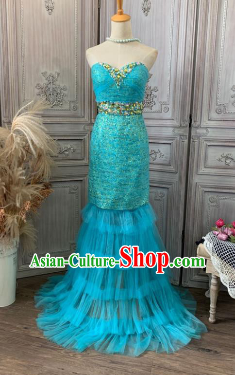 Top Wedding Blue Veil Fishtail Full Dress Waltz Dance Clothing European Princess Garment Costume Annual Meeting Formal Attire