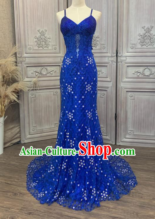 Top European Court Garment Costume Annual Meeting Formal Attire Wedding Royalblue Lace Full Dress Compere Performance Clothing