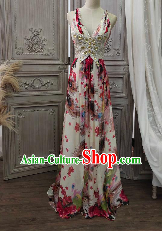 Top European Printing Peacock Garment Costume Annual Meeting Dance Formal Attire Wedding Diamante Full Dress Compere Performance Clothing