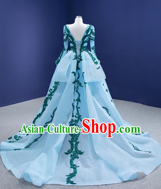 Custom Bride Light Blue Trailing Dress Stage Performance Costume Luxury Bridal Gown Wedding Dress Ceremony Formal Garment