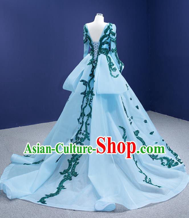 Custom Bride Light Blue Trailing Dress Stage Performance Costume Luxury Bridal Gown Wedding Dress Ceremony Formal Garment