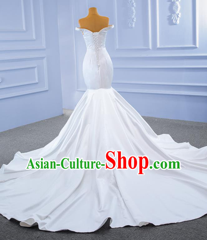 Custom White Satin Wedding Dress Ceremony Formal Garment Bride Long Trailing Dress Stage Show Costume Luxury Bridal Gown