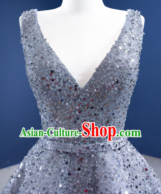 Custom Stage Show Costume Luxury Compere Clothing Vintage Grey Sequins Wedding Dress Ceremony Formal Garment Bride Full Dress