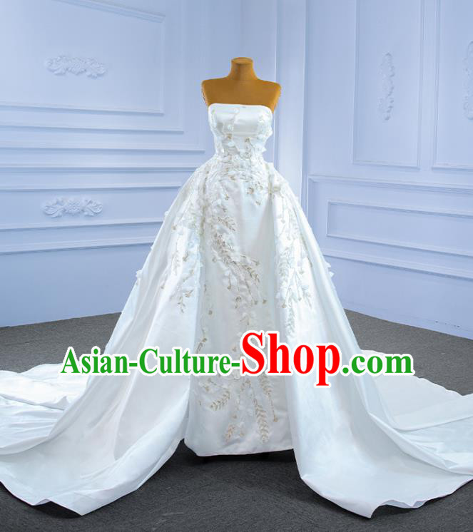 Custom Ceremony Formal Garment Bride Embroidery Full Dress Stage Show Costume Luxury Compere Clothing Vintage White Satin Trailing Wedding Dress