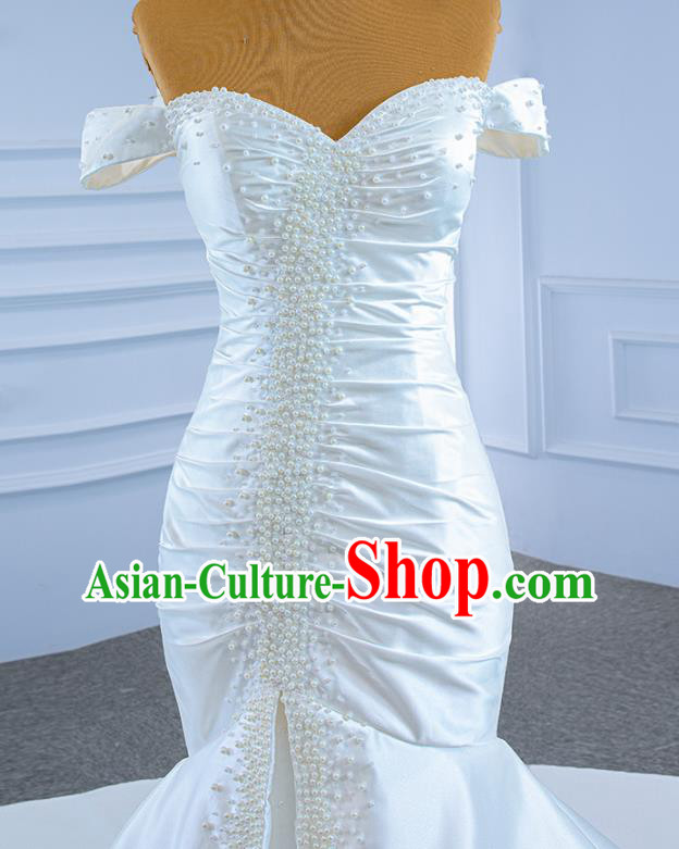 Custom Vintage White Satin Trailing Wedding Dress Ceremony Formal Garment Bride Embroidery Pearls Full Dress Stage Show Costume Luxury Compere Clothing