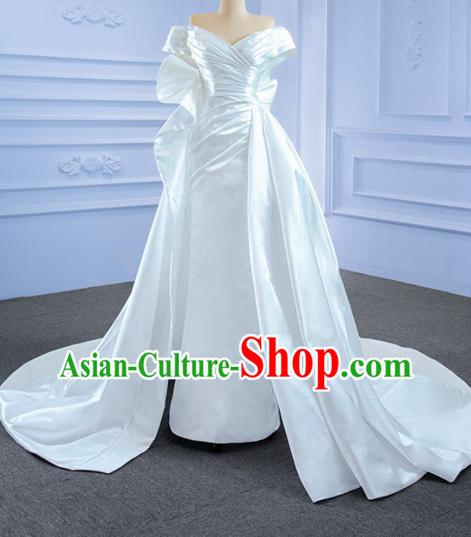 Custom Bride White Satin Full Dress Stage Show Costume Compere Clothing Vintage Luxury Trailing Wedding Dress Ceremony Formal Garment