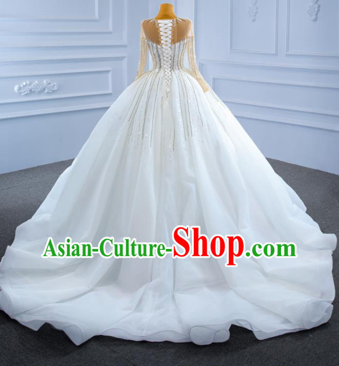 Custom Catwalks Costume Compere Stage Clothing Luxury White Trailing Wedding Dress Marriage Ceremony Formal Garment Bride Vintage Embroidery Sequins Full Dress