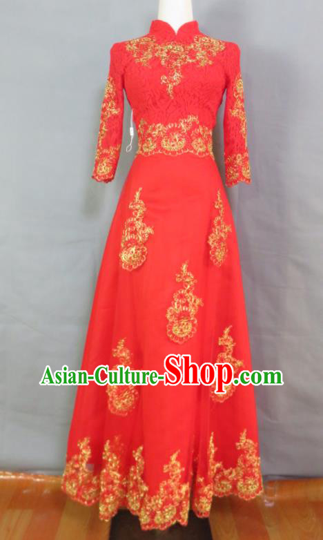 China Classical Red Cheongsam Traditional Qipao Dress Bride Toasting Clothing Wedding Garment Costumes