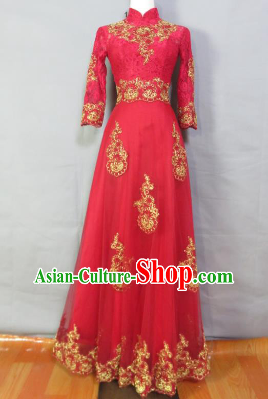 China Classical Red Cheongsam Traditional Qipao Dress Bride Toasting Clothing Wedding Garment Costumes