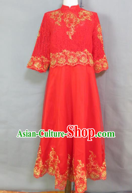 China Classical Red Cheongsam Traditional Qipao Dress Bride Toasting Clothing Wedding Garment Costumes