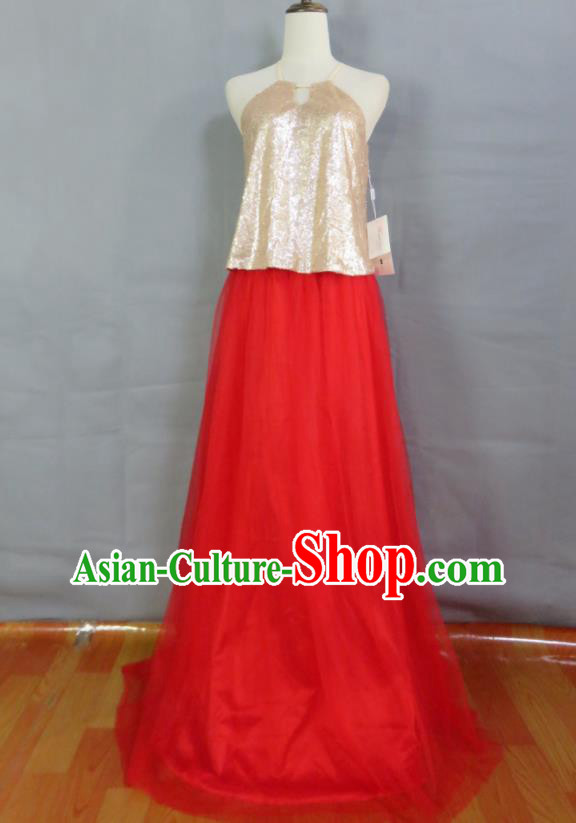 Top Christmas Performance Fashion Bridesmaid Red Full Dress Compere Formal Attire Women Catwalks Garment Costume Annual Meeting Clothing