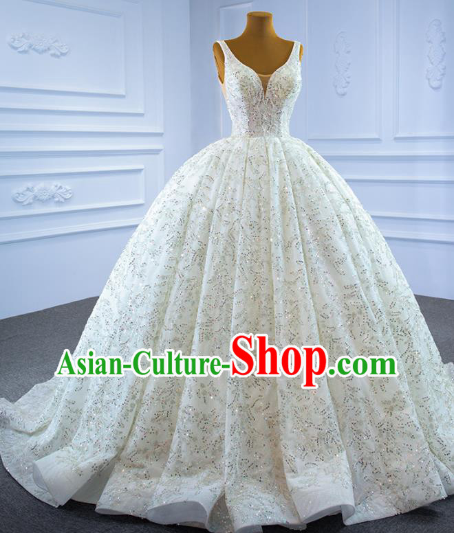 Custom Ceremony Embroidery Sequins Garment Marriage Bride White Trailing Full Dress Catwalks Formal Costume Compere Vintage Clothing Luxury Wedding Dress