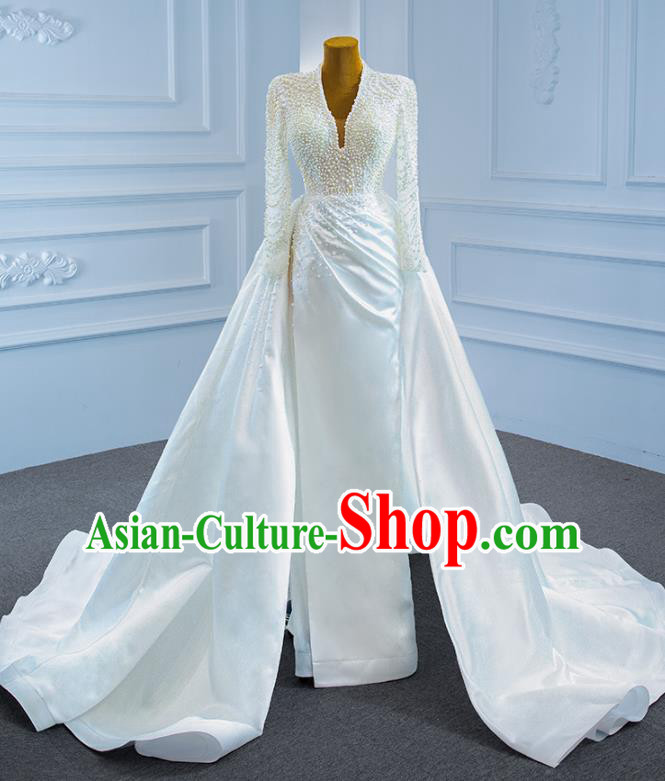 Custom Compere Embroidery Pearls Garment Marriage Bride Full Dress Catwalks Formal Costume Ceremony Vintage Clothing Luxury White Satin Trailing Wedding Dress