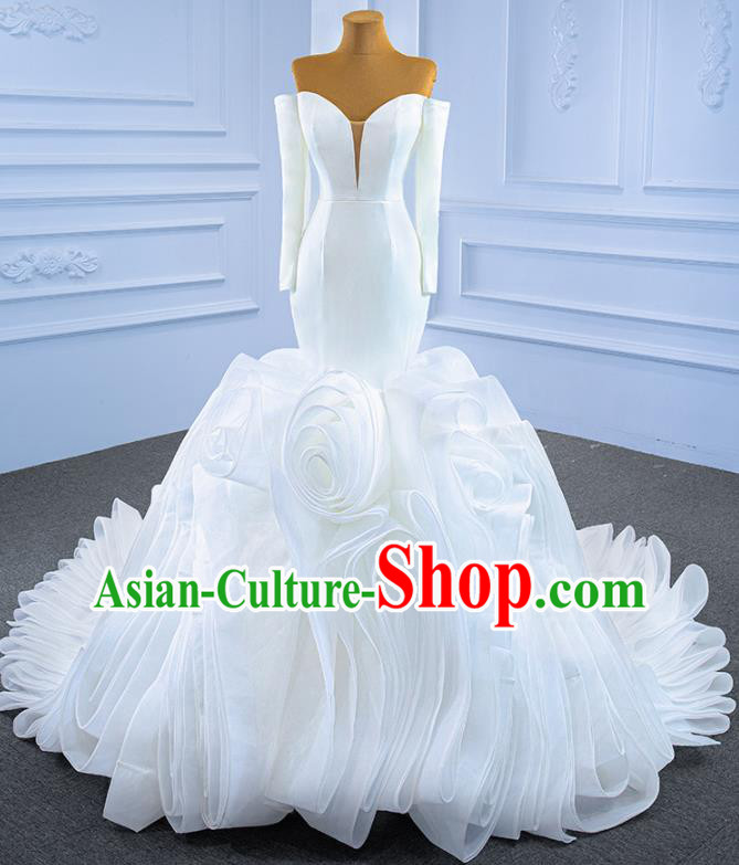 Custom Vintage Luxury White Flowers Trailing Wedding Dress Marriage Ceremony Formal Garment Bride Fishtail Full Dress Catwalks Costume Compere Stage Clothing